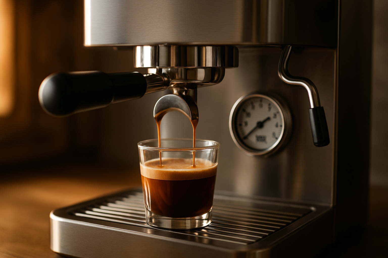 Manometer einer Espressomaschine zeigt optimalen Brühdruck von 9 bar während der Extraktion